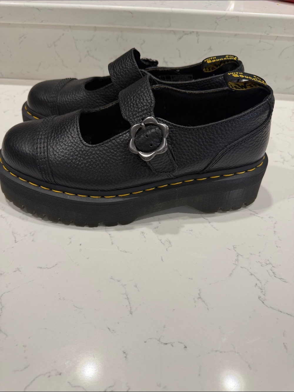 Dr. Martens Black Mary Jane Platform Shoes with Floral Buckle - Picture 3 of 7